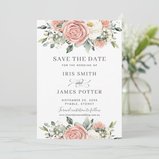 Carte de mariage chic Save the Date avec fleurs en (Debout devant)