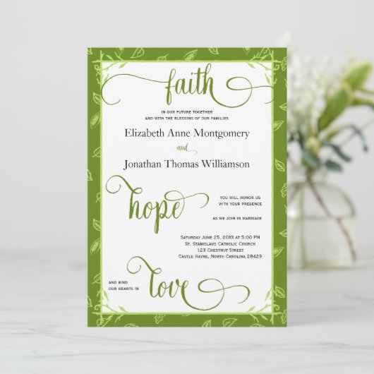 Carte de Mariage chrétien Feuille vert (Debout devant)