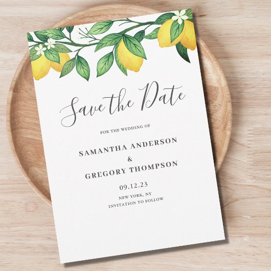 Carte de mariage citron plat à save the date