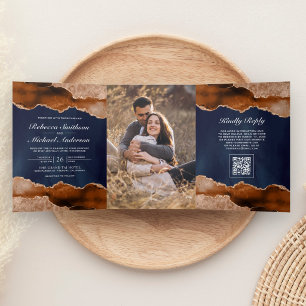 Carte de Mariage Code QR Marine Marbre Agate Orang