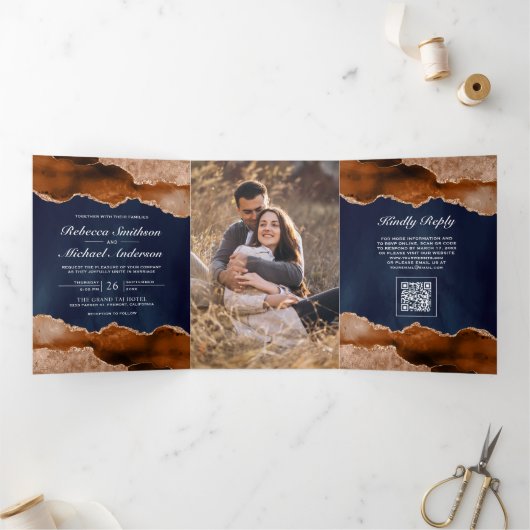 Carte de Mariage Code QR Marine Marbre Agate Orang (Intérieur)
