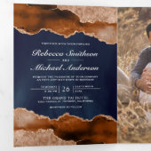 Carte de Mariage Code QR Marine Marbre Agate Orang (Intérieur en premier)