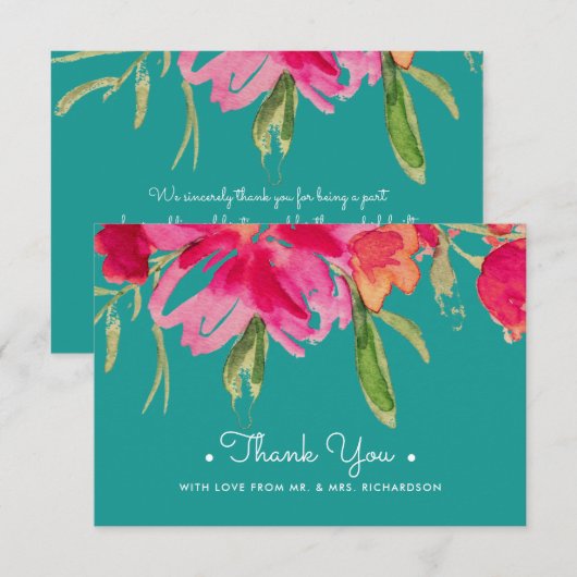 Carte de Mariage de Merci Floral Fuchsia Turquoise (Devant / Derrière)