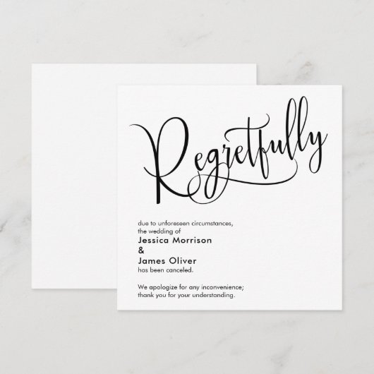 Carte de mariage élégante "À regret" annulé (Devant / Derrière)