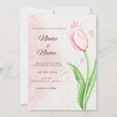 Carte de mariage élégante fleur rose et papillon (Devant)