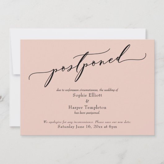 Carte de Mariage Élégante Simple Rose Reportée (Devant)
