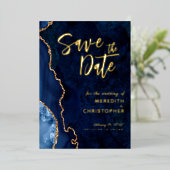 Carte de mariage en agate bleue or Save the Date O (Debout devant)