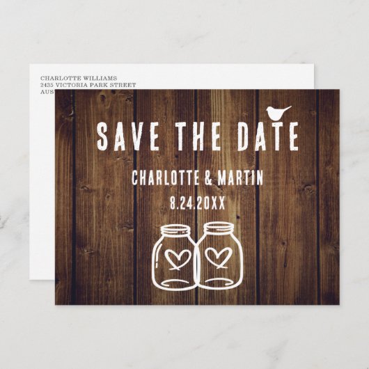 Carte de mariage en bois rustique pour annoncer la (Devant / Derrière)