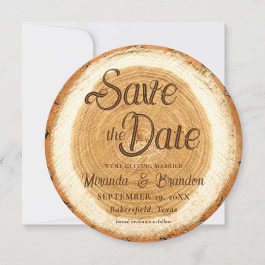 Carte de mariage en tranche de bois rustique à con (Devant)