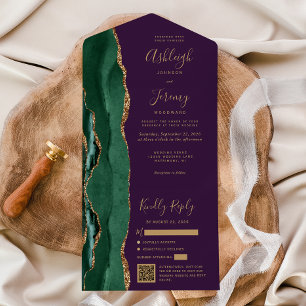 Carte de mariage et QR code violet or agate vert é