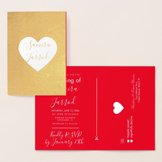 Carte de mariage et RSVP à cœur rouge et or décont (Affichage)