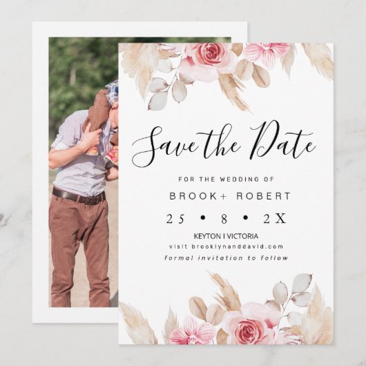 Carte de mariage Fleurs de Pampas Rose à conserver (Devant / Derrière)