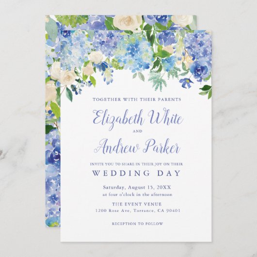 Carte de Mariage Floral Blue Watercolor hydrangea (Devant / Derrière)