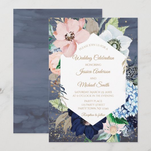 Carte de Mariage Floral Dusty Blue Dusty Rose Gold (Devant / Derrière)