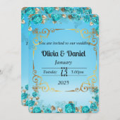 carte de mariage florale bleu bébé clair or (Devant / Derrière)