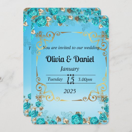 carte de mariage florale bleu bébé clair or (Devant / Derrière)