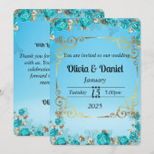 carte de mariage florale bleu clair doré (Devant / Derrière)