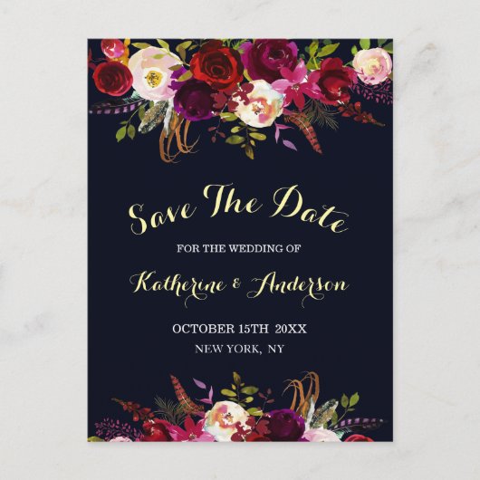 Carte de mariage florale boho Navy Marsala à conse (Devant)