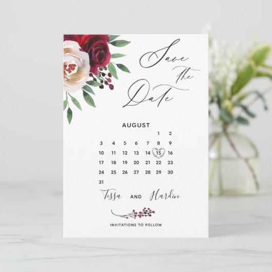 Carte de mariage florale burgundy Save The Date (Debout devant)
