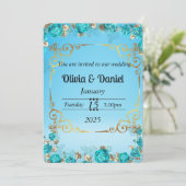 carte de mariage florale or bleu bébé clair (Debout devant)