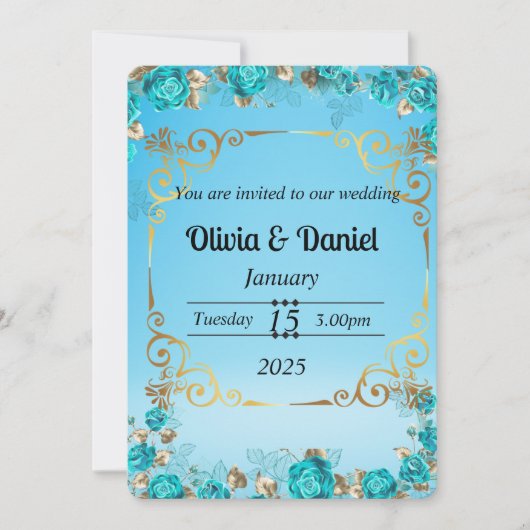 carte de mariage florale or bleu bébé clair (Devant)