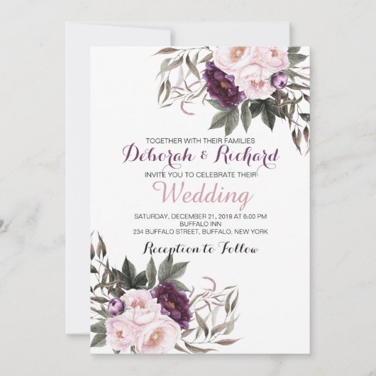 Carte de Mariage florale Russe Propre Purple Peony (Devant)
