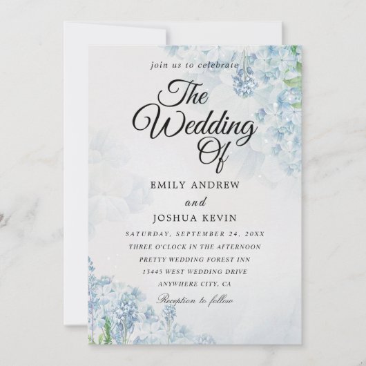 Carte de mariage géométrique à fleurs bleues (Devant)