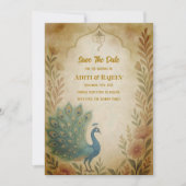 Carte de mariage indien florale paon, Save the Dat (Devant)