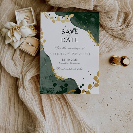 Carte de mariage luxe botanique verte "Save the Da