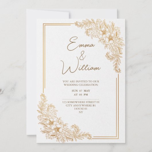 carte de mariage luxe fleurs élégantes or (Devant)