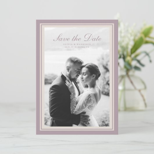 Carte de mariage Mauve Photo avec mention "Save th (Debout devant)