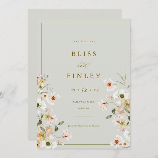 Carte de mariage minimale Floral BLISS Save The Da (Devant / Derrière)