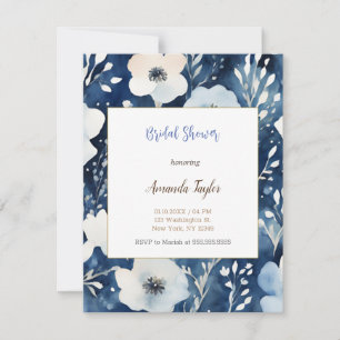 Carte de mariage minimaliste fleurs bleues blanche