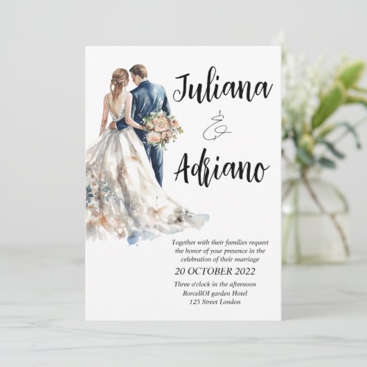 Carte de mariage moderne à l'aquarelle pour un bea (Debout devant)