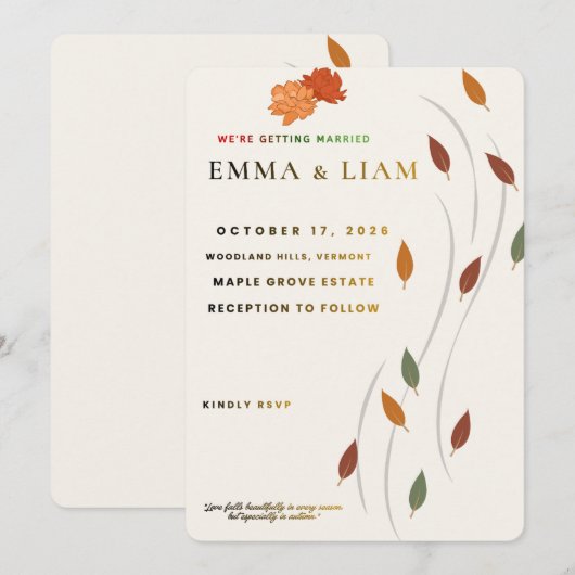 Carte de mariage moderne d'octobre | Mariage rusti (Devant / Derrière)