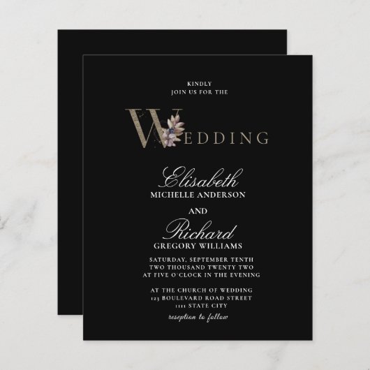 Carte de Mariage Moderne Noir Budget Orchidée (Devant / Derrière)