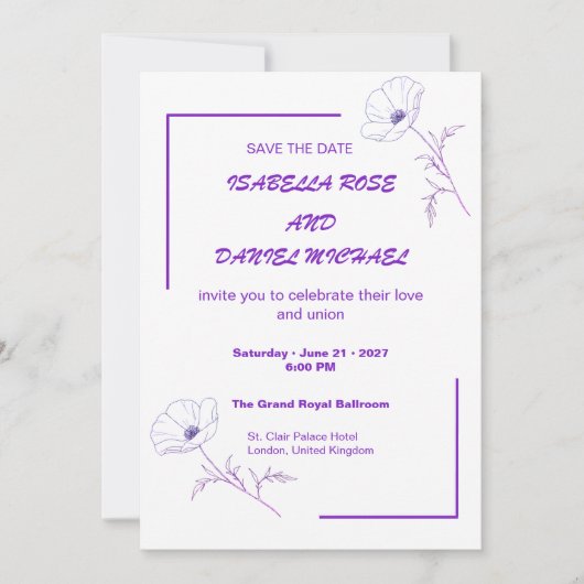 Carte de mariage moderne violette avec dessin liné (Devant)