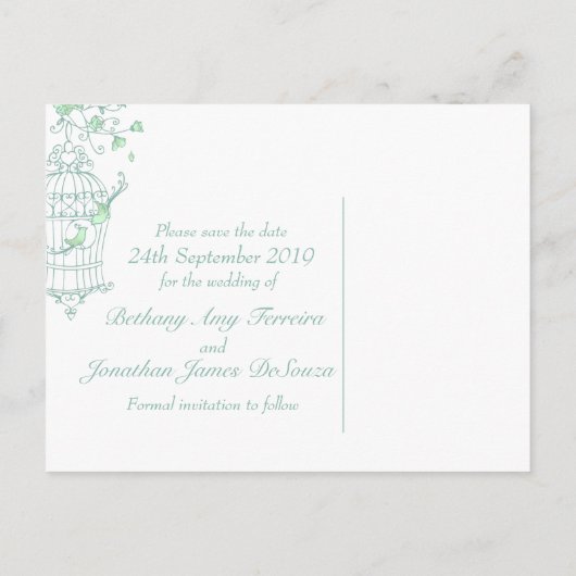Carte de mariage oiseaux menthe ouvrent la cage (Dos)