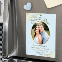 Carte de mariage Pale Blue & Gold avec photo ovale