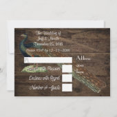 Carte de mariage Paon à plume sarcelle Bois rustiq (Dos)