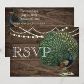 Carte de mariage Paon à plume sarcelle et bois rus (Devant / Derrière)