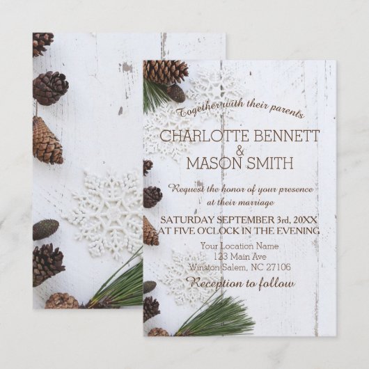 Carte de Mariage pour le Pinecone et le Snowflakes (Devant / Derrière)