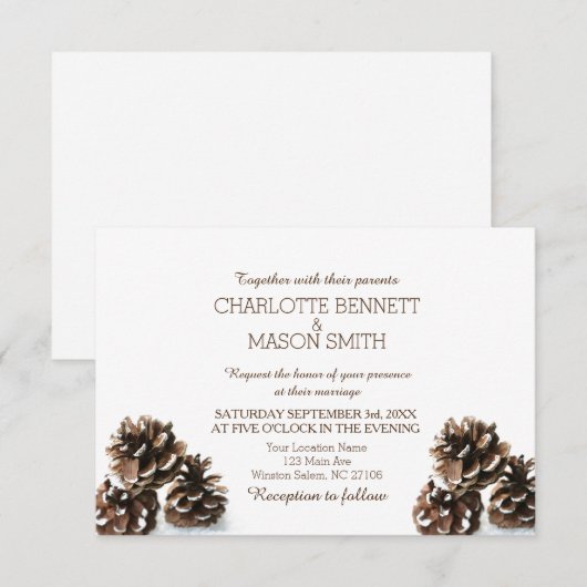 Carte de Mariage pour le Pinecone et le Snowflakes (Devant / Derrière)