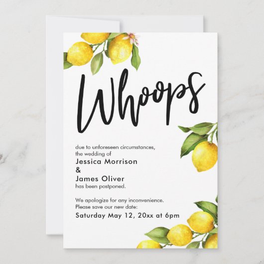 Carte de mariage reporté Aquarelle Citrons Oups (Devant)