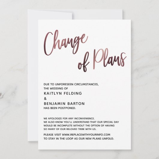 Carte de mariage reporté avec changement de plans  (Devant)