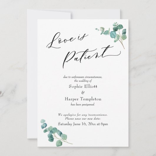 Carte de mariage reporté Eucalyptus : L'amour est (Devant)