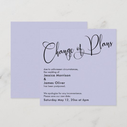 Carte de mariage reporté Lavande Changement de pla (Devant / Derrière)