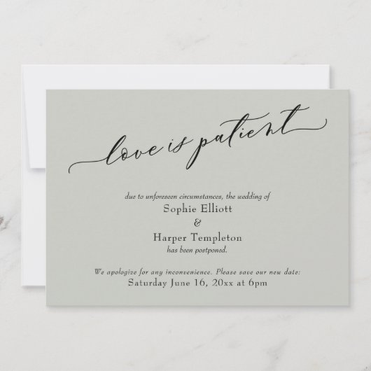 Carte de mariage reporté vert sauge Love is Patien (Devant)