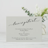 Carte de mariage reporté vert sauge Love is Patien (Debout devant)