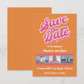 Carte de mariage rétro rose et orange "Save the Da (Devant / Derrière)